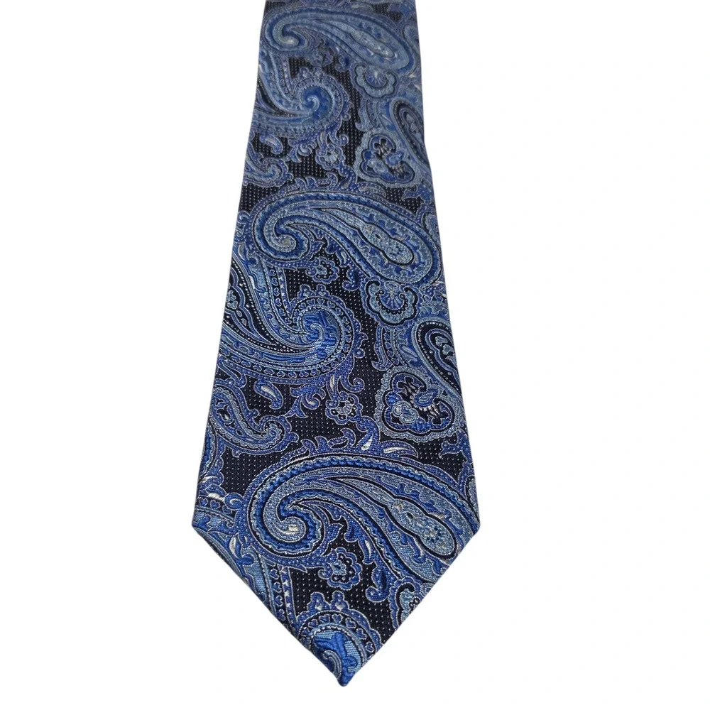 Tasso‎ Elba Mens Necktie Blue Black Paisley Pure Silk Embroidered Classic New